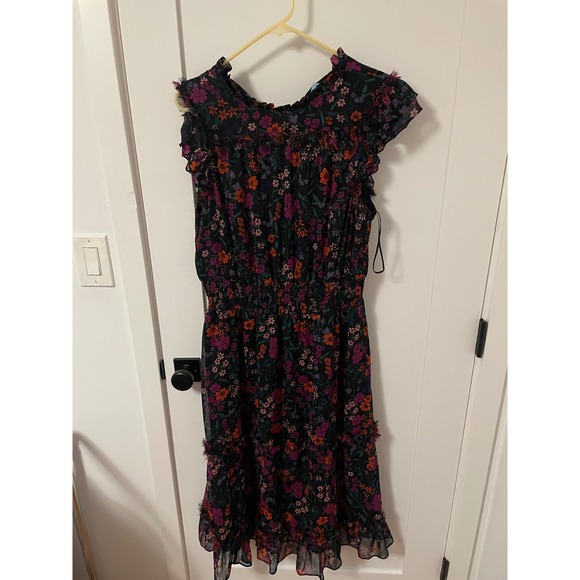 CeCe Dresses & Skirts - CeCe Floral Print Midi Dress Ruffle Trim Smocked Waist Black‎ Orange Purple XL